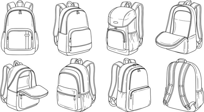 Set of outline style backpack icons for school, travel or casual usage