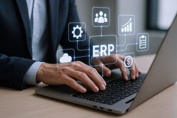 ERP System Implementation: Man Using Laptop for Enterprise Resource Planning and Business Management