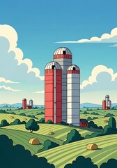 Stylized Cartoon Farm Landscape with Silos and Rolling Green Fields