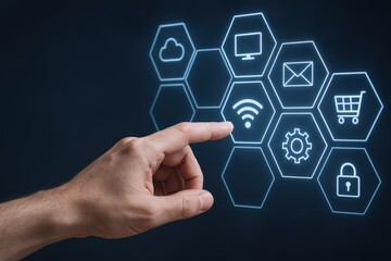 Digital Connectivity Interface: A Hand Interacting with Holographic Network Icons on a Dark Background