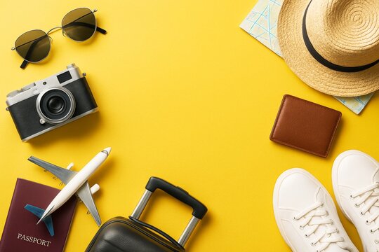 Flat lay of travel essentials including camera, passport, sunglasses, map, wallet, and shoes on yellow background with copyspace. Ai generative