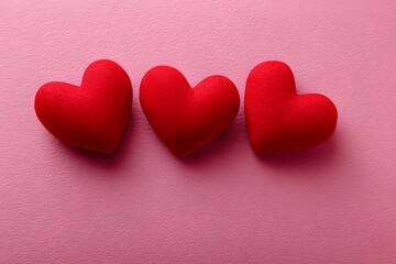 Obraz premium Three red hearts on pink background symbolizing love and romance