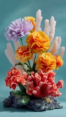 Vibrant Coral Reef Arrangement with Colorful Flowers and Coral Formations on Pastel Turquoise Background