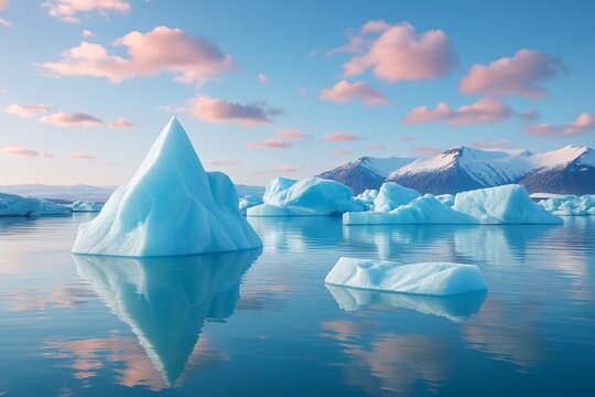 Majestic icebergs floating in serene arctic waters with soft sunset light and snowy mountains in tranquil travel background concept scene. Ai generative