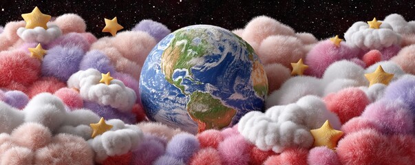 Whimsical Earth Hugged by Fluffy Pastel Clouds and Twinkling Stars in a Dreamy Atmosphere