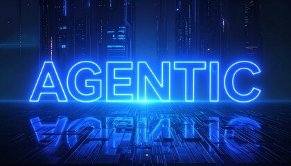 Glowing neon blue typography "AGENTIC AI" with futuristic circuit board background, digital holographic elements, cyberpunk style, and high-tech AI energy theme.
