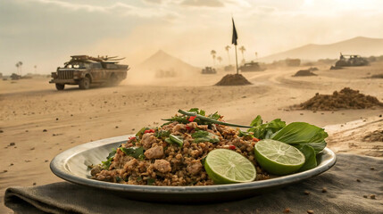 Ground meat salad with lime in post-apocalyptic desert battlefield, survival food concept, gritty war zone cuisine, dystopian culinary theme, wasteland dining scene