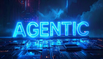 Glowing neon blue typography "AGENTIC AI" with futuristic circuit board background, digital holographic elements, cyberpunk style, and high-tech AI energy theme.