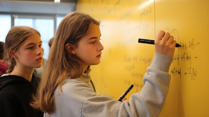 Engaged Students Collaborating on a Math Problem on a Whiteboard in a Modern Classroom Environment