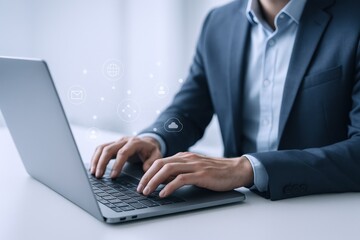 Businessman Working on Laptop with Cloud Technology, Cybersecurity and Data Protection, Online Communication