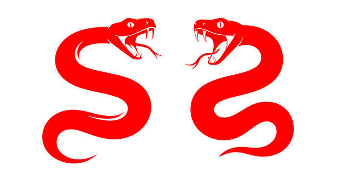 Two Stylized Red Snakes with Open Mouths and Extended Tongues