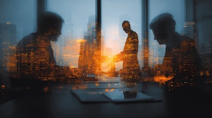 Business Meeting at Night with Cityscape Overlay, Corporate Strategy and Discussion of Future Growth