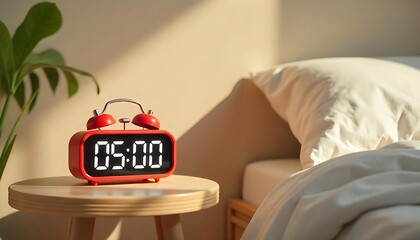 Red retro alarm clock displays 05:00 AM on bedside table bathed in warm morning sunlight
