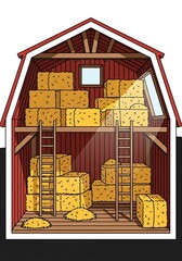 Vivid hay bales in a rustic barn with ladders and ample sunlight