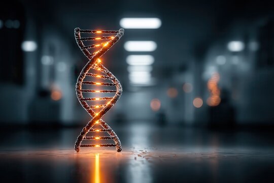 Illuminated DNA helix with glowing orange strands standing upright in futuristic hospital hallway symbolizing genetics and biotechnology