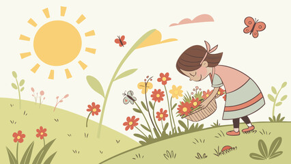 Girl Picking Wildflowers in Sunny Meadow with Butterflies – Vector Illustration of Spring Nature and Outdoor Lifestyle