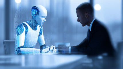 Businessman and humanoid robot sitting at a table having a conversation, symbolizing AI integration in professional life.  
