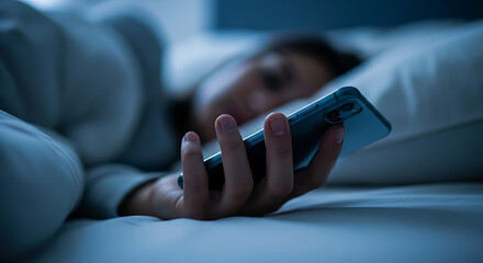 Woman in Bed with Mobile Phone Sleep Deprivation and Screen Addiction at Night
