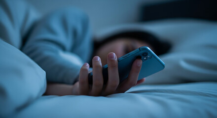 Person holding a smartphone in bed at night, illuminated by the screen