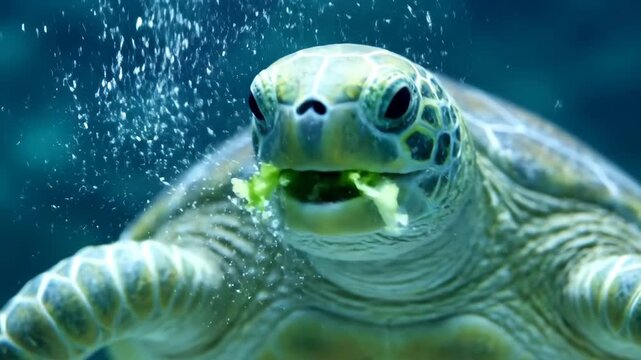 Macro close up green turtle biting crisp lettuce underwater with tiny bubbles rising, close slow motion capturing detailed texture of aquatic reptile shell and skin in vibrant environment