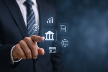 Obraz premium Banking Technology Concept: Businessman Interacting with Digital Bank Icons for Secure Financial Transactions and Investment Growth