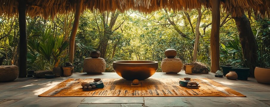 Immerse yourself in a serene sound bath experience at an outdoor ecoresort, surrounded by nature's tranquility.