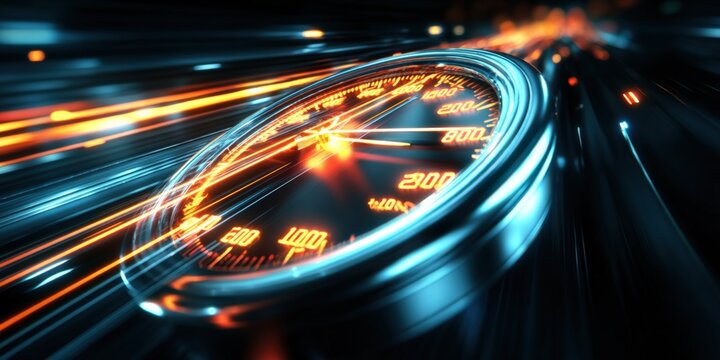 Speedometer Displaying High Speed with Motion Blur, Representing Performance, Technology, and Rapid Technological Advancement