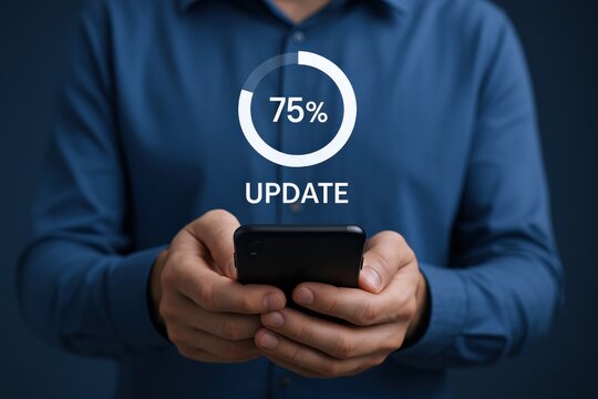 Smartphone Update Progress: Man Holding Phone Showing Update at 75 Percent Complete - Powered by Adobe