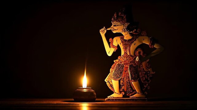 Wayang Kulit Shadow Puppet Performance with Candlelight, Traditional Javanese Art