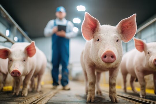 Healthy Pigs in Modern Farm with Farmer Checking Livestock Welfare and Growth Monitoring