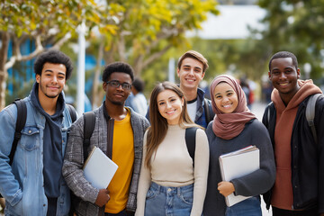 Diverse group of College students with backpacks, standing outdoors in campus square