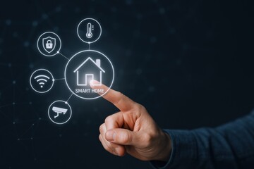 Fototapeta premium Smart Home Automation Interface: Person Interacting with Digital Security and Control System for Modern Living