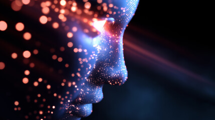 Close-up futuristic rendering of a digital human face with glowing dots and light beams, symbolizing artificial intelligence and data visualization.  
