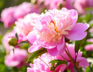 Obraz premium A vibrant cluster of pink peonies blossoms in a garden setting, showcasing delicate petals and soft lighting.