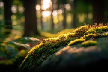 Lush Moss Growing on Forest Rock Bathed in Golden Sunlight, Highlighting Nature's Beauty and Tranquility