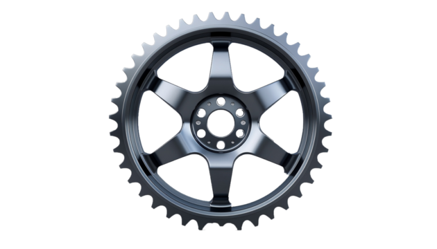 Isolated Motorcycle Sprocket Gear Wheel with Metallic Finish on Transparent Background
