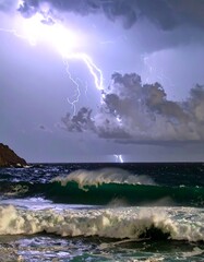 Dramatic lightning illuminates a powerful ocean wave during a stormy seascape.