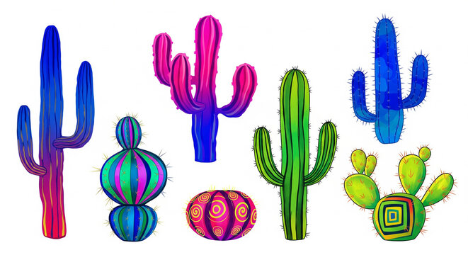 Playful set of colorful cartoon style cactus plants on isolated transparent background