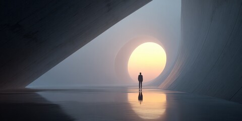 Solitary Figure Stands in Architectural Void, Contemplating Light and Shadow, Modern Art