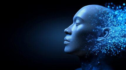 Digital 3D rendering of a human head dissolving into particles, symbolizing artificial intelligence, data, and virtual transformation.  
