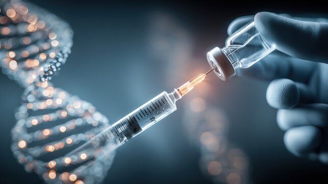 mRNA vaccine injection concept featuring DNA strand, syringe, and medicine vial, representing medical advancements