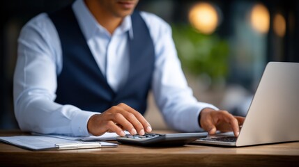 Focused Businessman Working with Calculator and Laptop for Financial Analysis in Modern Office