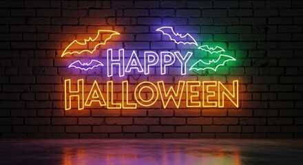Obraz premium A vibrant neon sign spells out happy halloween with bat silhouettes against a dark brick wall, creating a spooky and festive atmosphere for the holiday