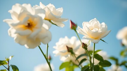 Obraz premium Delicate white roses against a clear blue sky, radiating natural beauty and serenity.