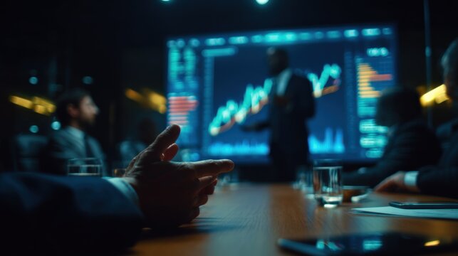 Financial Data Presentation: Business Meeting Analysis of Stock Market Trends and Investment Strategy in Conference Room