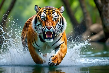 Majestic tiger charging through water splashing amidst lush green forest scenery