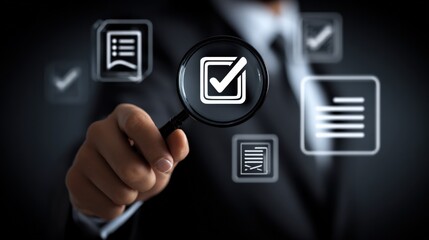 Inspection and Compliance: Businessman Using Magnifying Glass to Verify Documents, Representing Audit and Quality Assurance