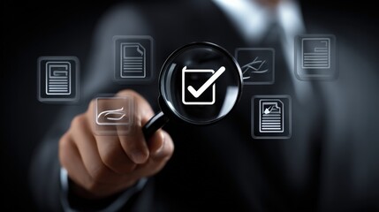 Compliance Check with Magnifying Glass Over Document Icons, Emphasizing Accuracy and Approval in Business Processes