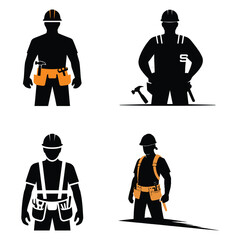 Set of construction worker silhouettes. Male builders with tool belt.