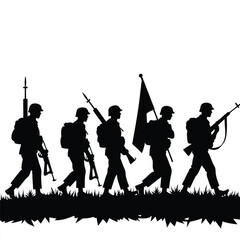 Soldiers marching with rifles and flag silhouette Keywords: soldier, military, army, march